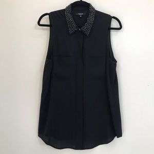 Madewell black sleeveless silk blouse stud collar